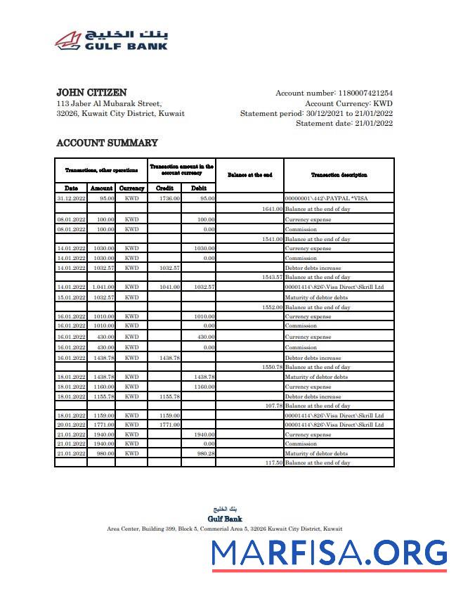 Printable Kuwait Gulf bank statement excel template